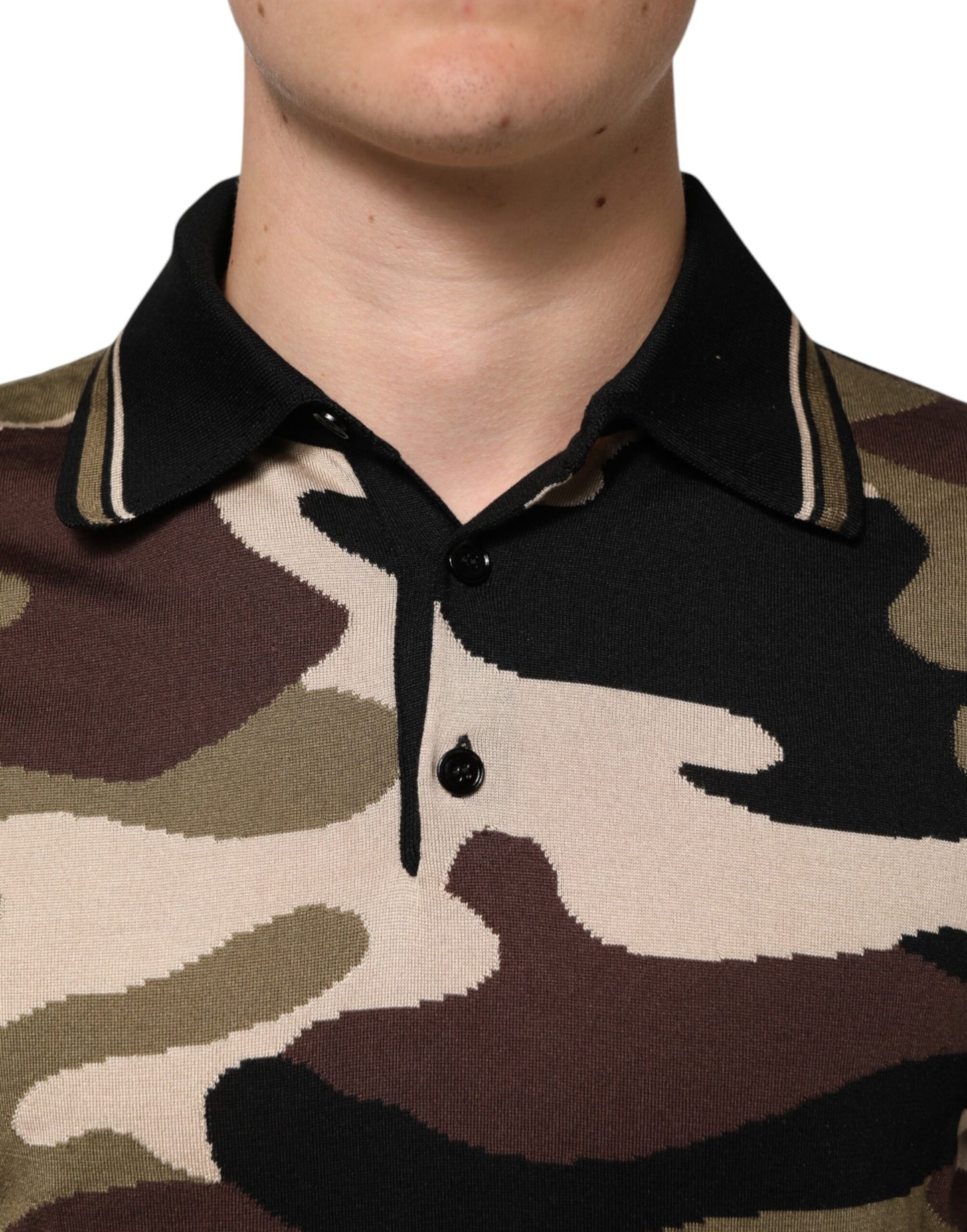 Dolce &amp; Gabbana Camouflage Braunes Seiden-Militärpolo-T-Shirt