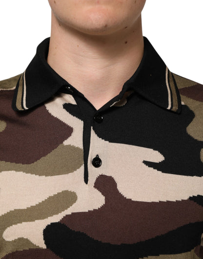 Dolce &amp; Gabbana Camouflage Braunes Seiden-Militärpolo-T-Shirt