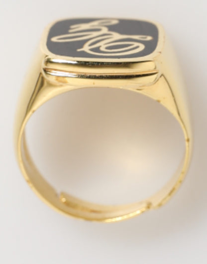 Dolce & Gabbana Gold Tone Enamel Brass Signet DG Logo Adjustable Ring