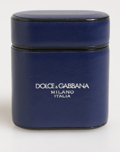 Dolce & Gabbana Blue Leather Logo Print Flip Holder Men Airpods Case