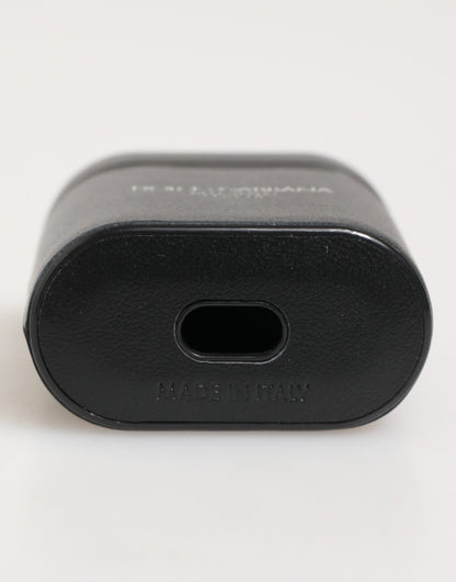 Dolce & Gabbana Black Calfskin Leather Logo Print Flip Holder Airpods Case
