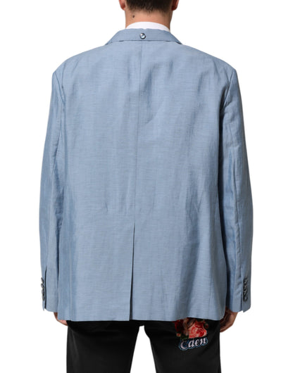 Dolce & Gabbana Light Blue Linen Double Breasted Men Jacket Blazer