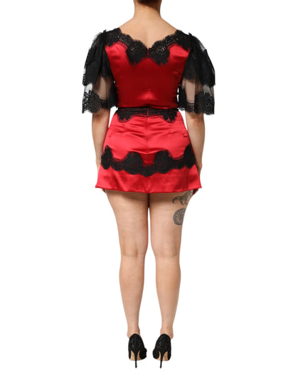 Dolce & Gabbana Red Black Silk Lace Mini Short Sleeve Dress