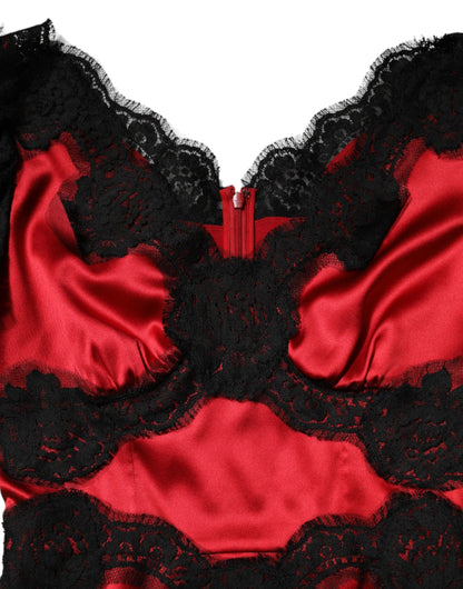 Dolce & Gabbana Red Black Silk Lace Mini Short Sleeve Dress