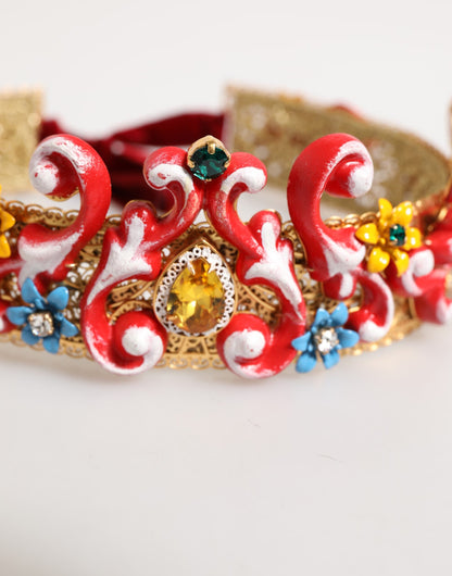 Dolce & Gabbana Red Carretto Multicolor Crystal Gold Tiara Crow Headband