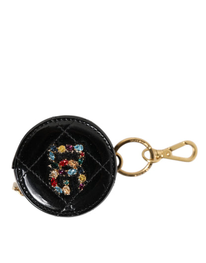 Dolce & Gabbana Black Lamb Leather DG Crystal Logo Round Coin Purse Wallet