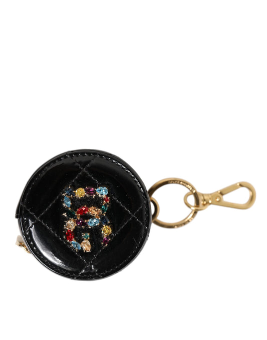 Dolce & Gabbana Black Lamb Leather DG Crystal Logo Round Coin Purse Wallet