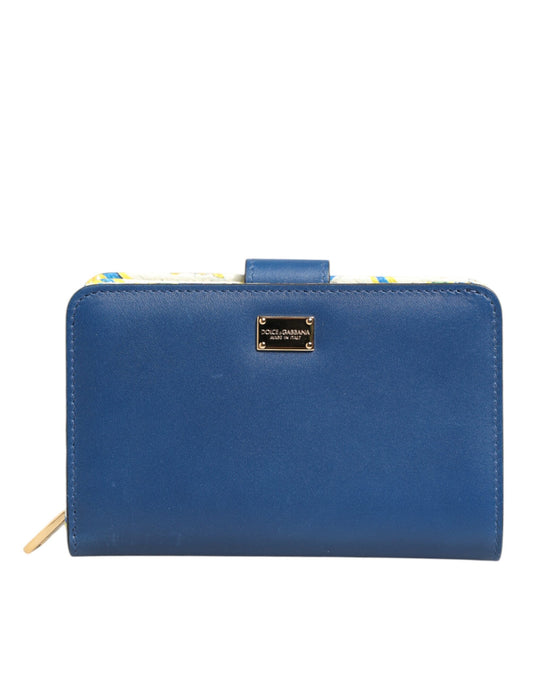 Dolce & Gabbana Blue Leather Continental Tile Print Zip Card Holder Purse Wallet