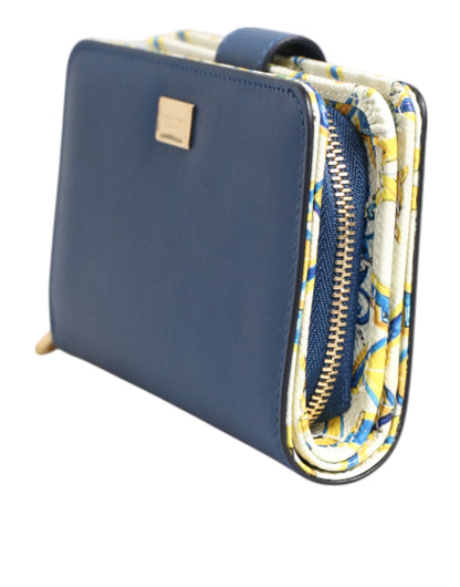 Dolce & Gabbana Blue Leather Continental Tile Print Zip Card Holder Purse Wallet