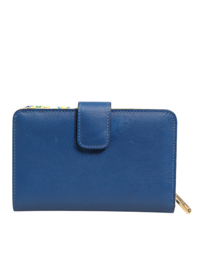 Dolce & Gabbana Blue Leather Continental Tile Print Zip Card Holder Purse Wallet