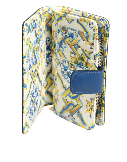Dolce & Gabbana Blue Leather Continental Tile Print Zip Card Holder Purse Wallet