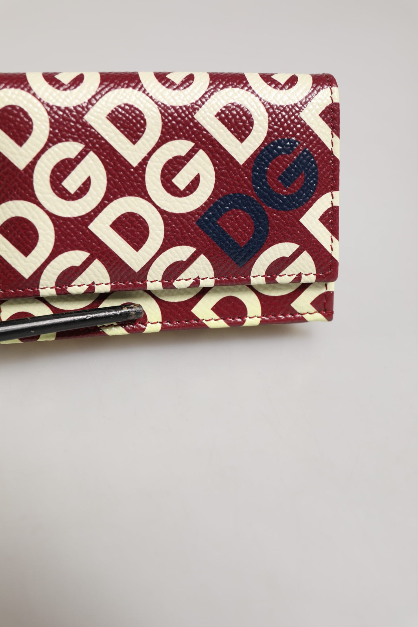 Dolce & Gabbana Burgundy Logo Print Calf Leather French Flap Card Holder Wallet
