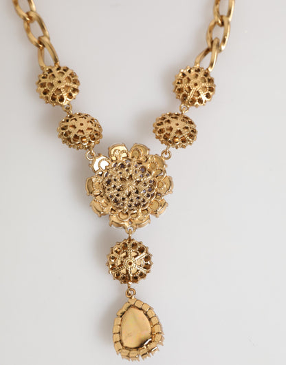 Dolce & Gabbana Gold Brass Crystal Pearl Purple Floral Pendant Jewelry Necklace