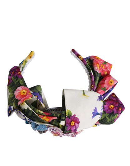 Dolce & Gabbana White Multicolor Floral Silk Bow Crystal Embellished Headband