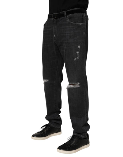 Dolce & Gabbana Black Cotton Slim Fit Distressed Ripped Logo Jeans