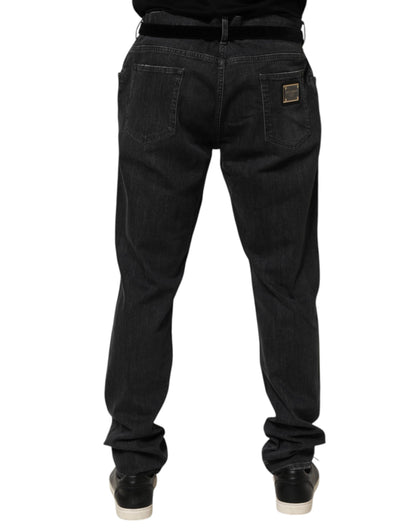 Dolce & Gabbana Black Cotton Slim Fit Distressed Ripped Logo Jeans
