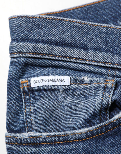 Dolce & Gabbana Blue Cotton Logo Plaque Skinny Men Denim Jeans