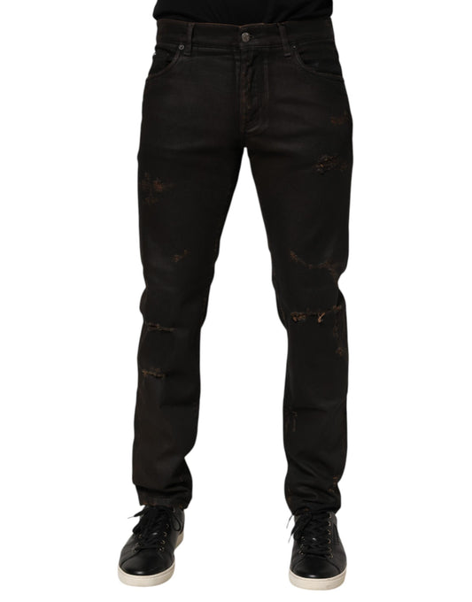 Dolce &amp; Gabbana Dunkelbraune Skinny-Jeans aus zerrissener Baumwolle