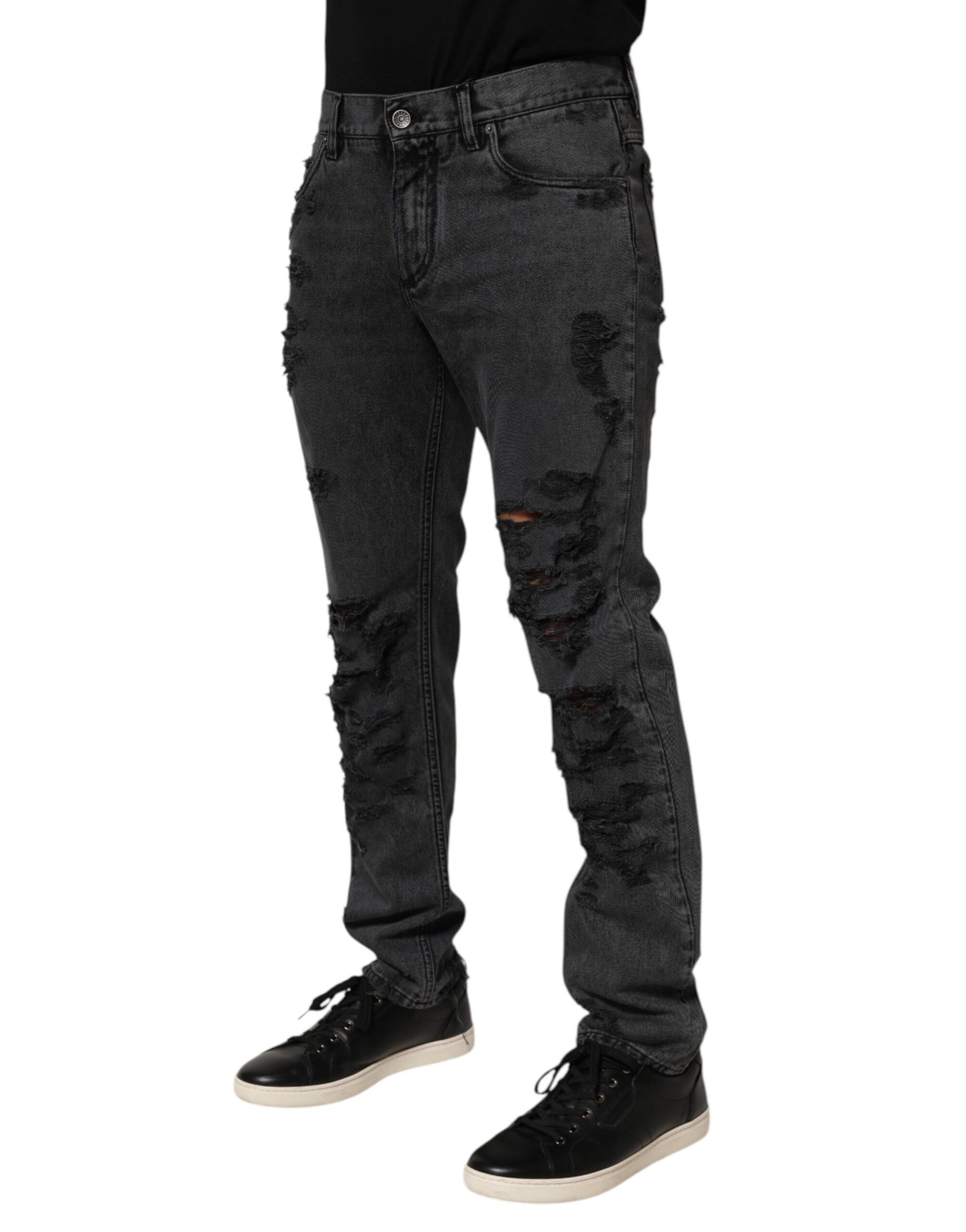 Dolce & Gabbana Black Tattered Skinny Cotton Men Denim Jeans