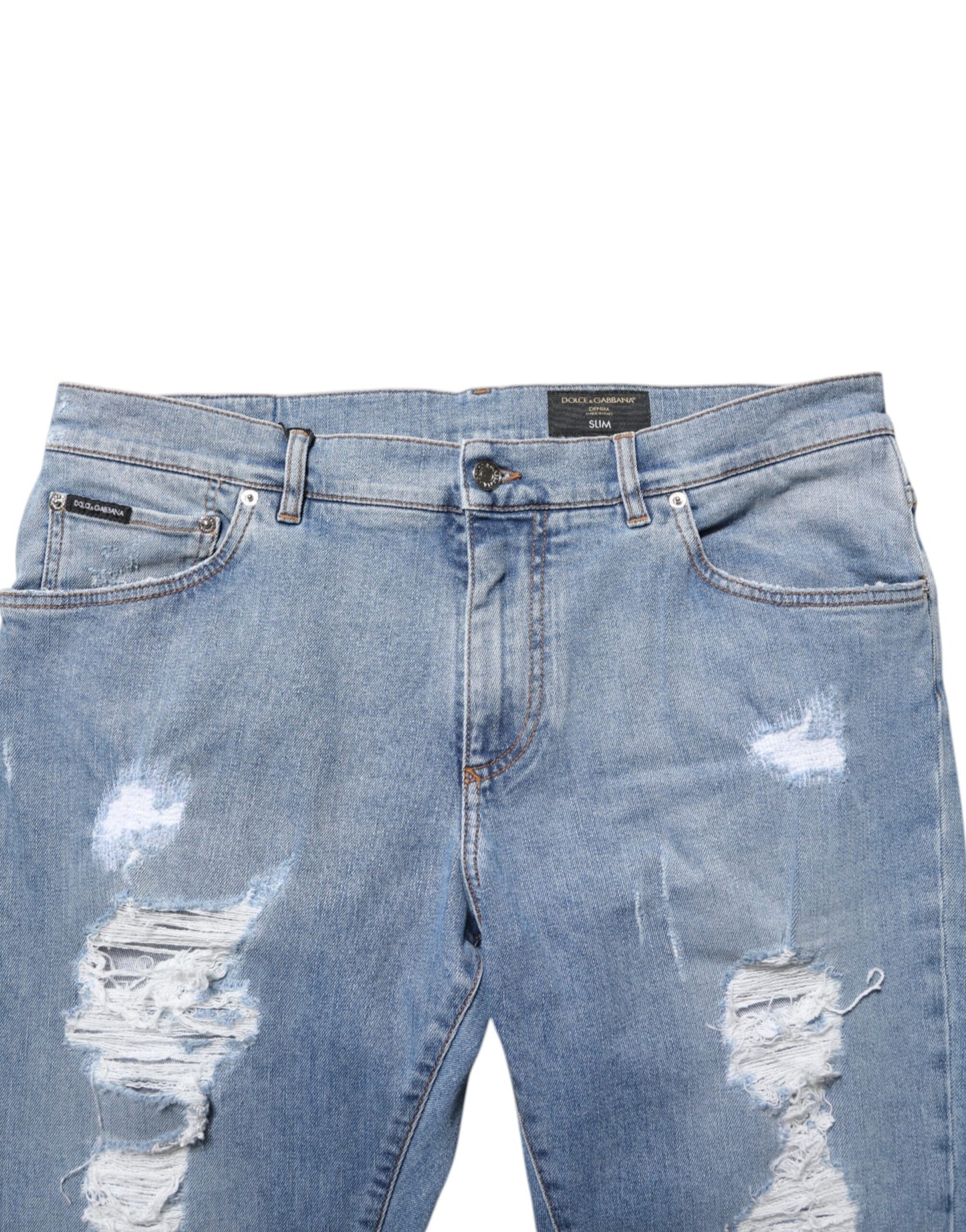 Dolce & Gabbana Blue Tattered Slim Fit Cotton Denim Jeans