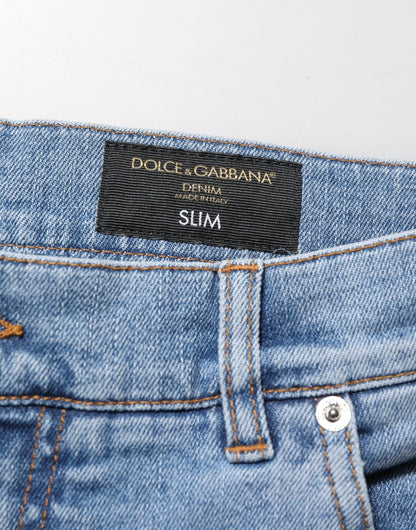 Dolce & Gabbana Blue Tattered Slim Fit Cotton Denim Jeans
