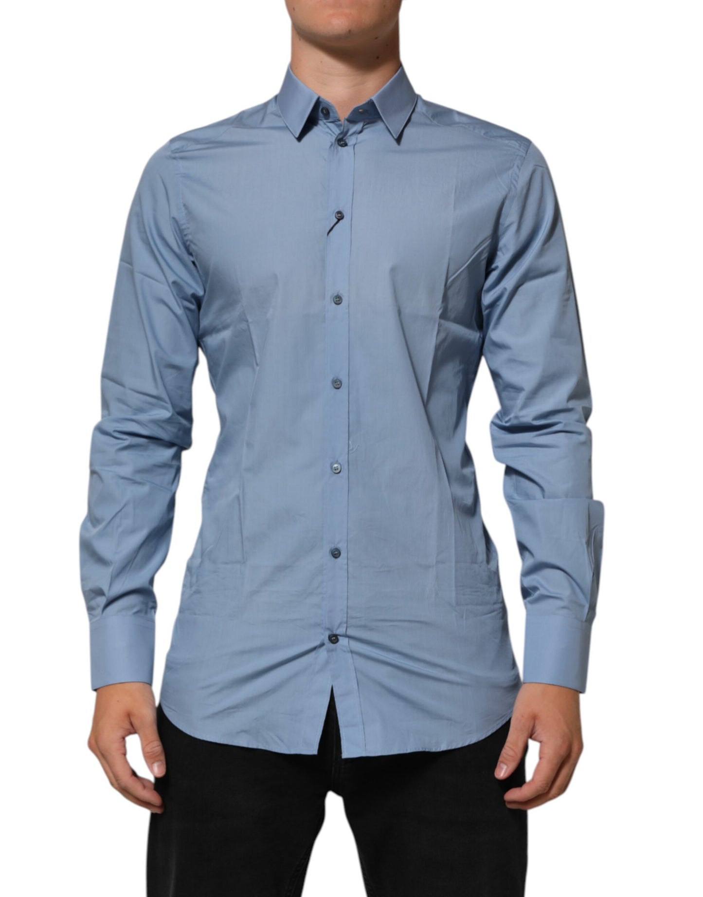 Dolce & Gabbana Blue Cotton Collared GOLD Formal Dress Shirt