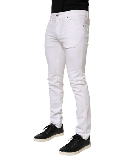 Dolce & Gabbana White Ripped Cotton Skinny Men Denim Jeans