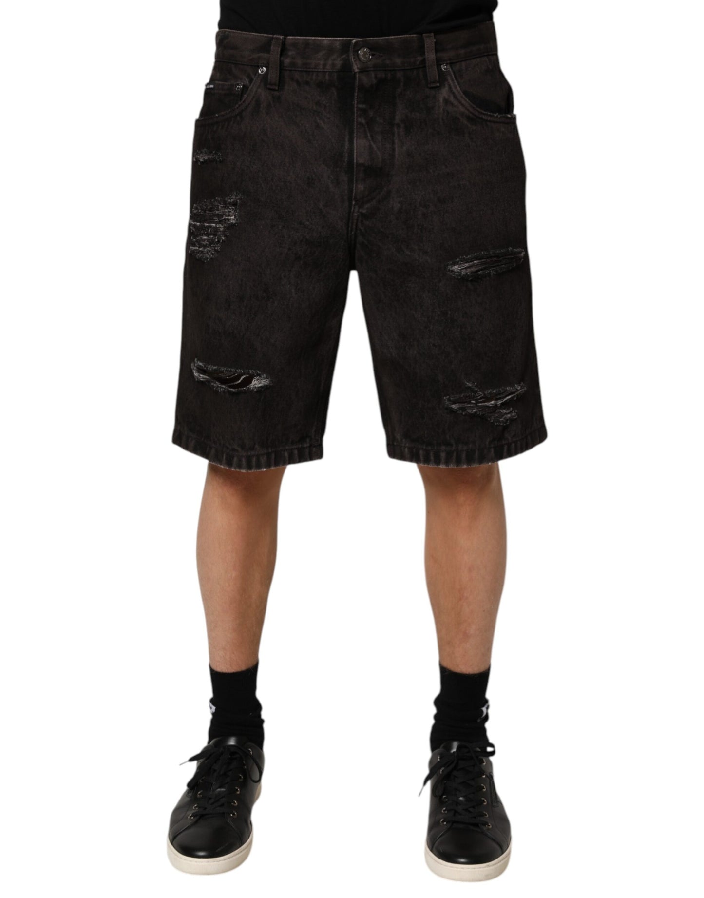Dolce & Gabbana Black Cotton Tattered Denim Men Bermuda Short