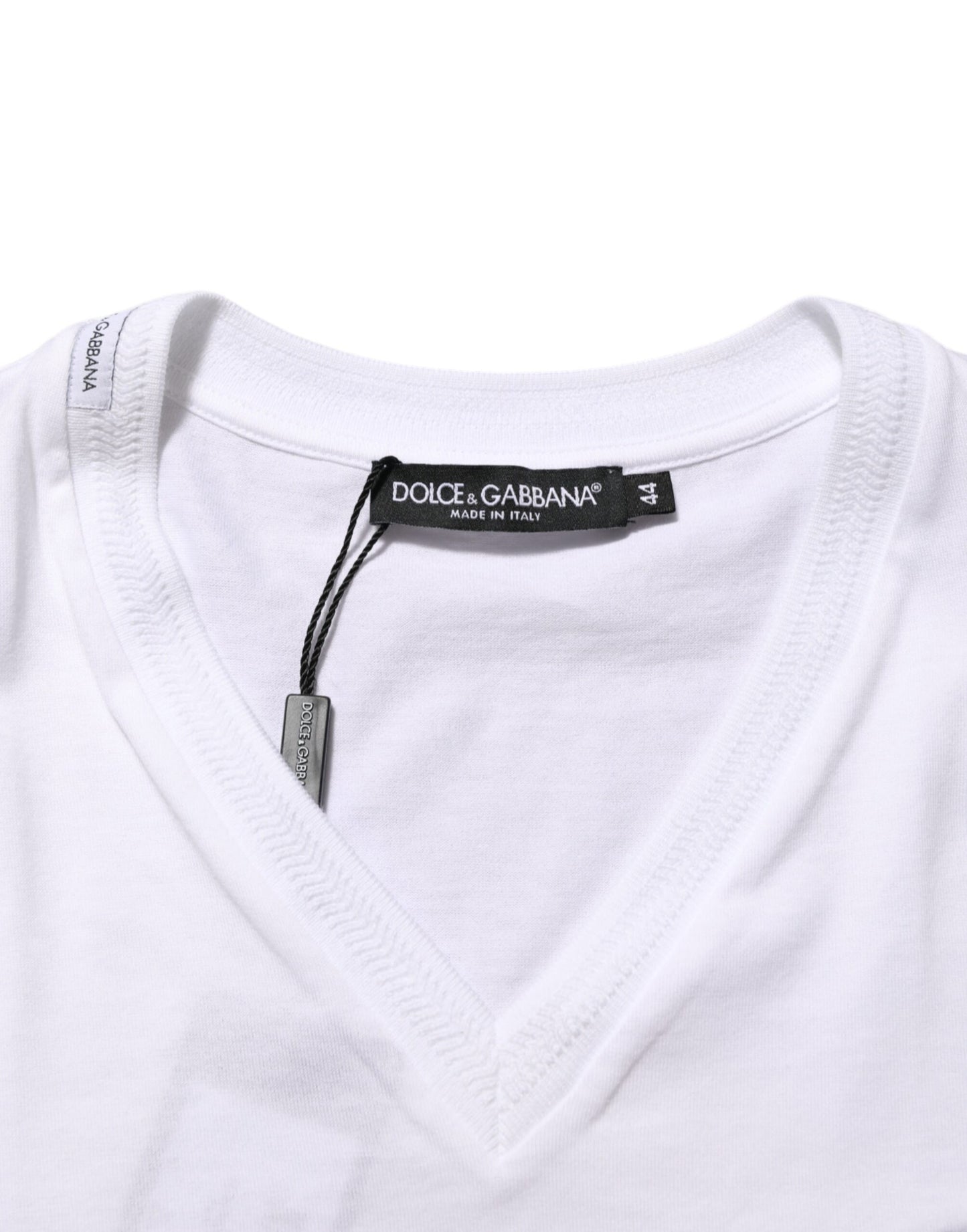 Dolce & Gabbana White Cotton Logo Patch V-neck Tee T-shirt