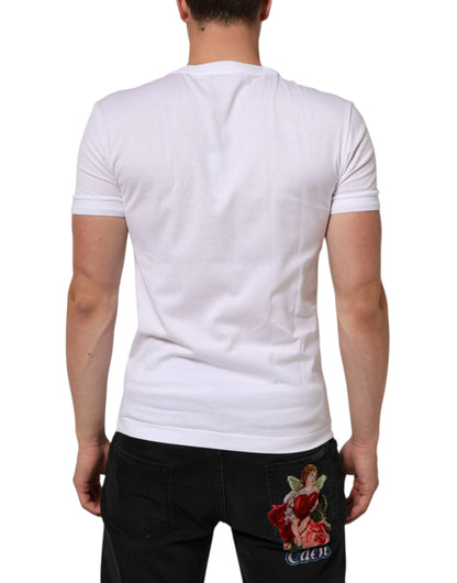 Dolce &amp; Gabbana Weißes Baumwoll-T-Shirt mit Logo-Patch und Rundhalsausschnitt