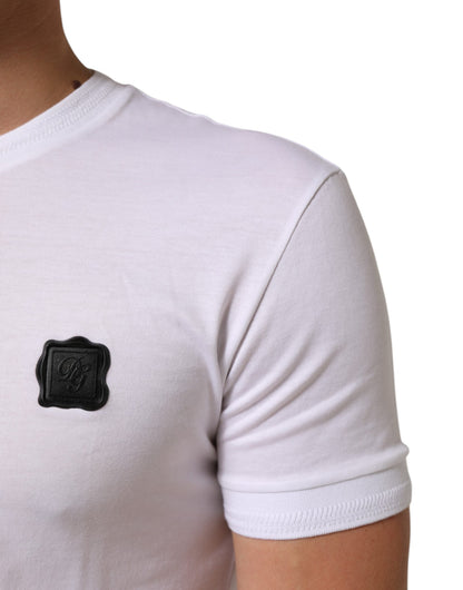 Dolce &amp; Gabbana Weißes Baumwoll-T-Shirt mit Logo-Patch und Rundhalsausschnitt