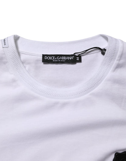 Dolce &amp; Gabbana Weißes Baumwoll-T-Shirt mit Logo-Patch und Rundhalsausschnitt