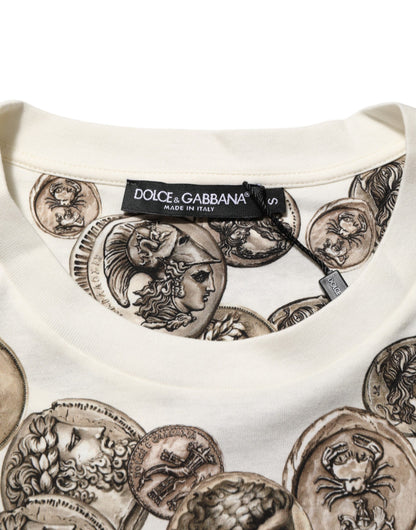 Dolce & Gabbana White Coin Print Cotton Crew Neck Men T-shirt