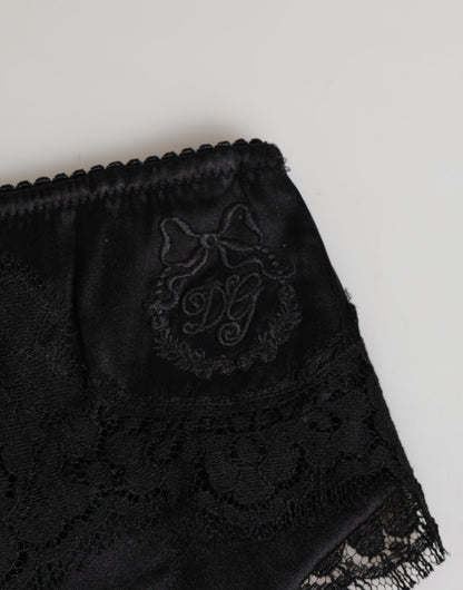 Dolce & Gabbana Black Silk Satin Floral Lace Panty Brief Underwear