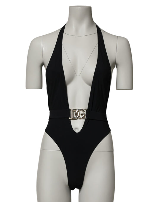 Dolce & Gabbana Black Nylon Deep V-Neck One Piece Swimwear