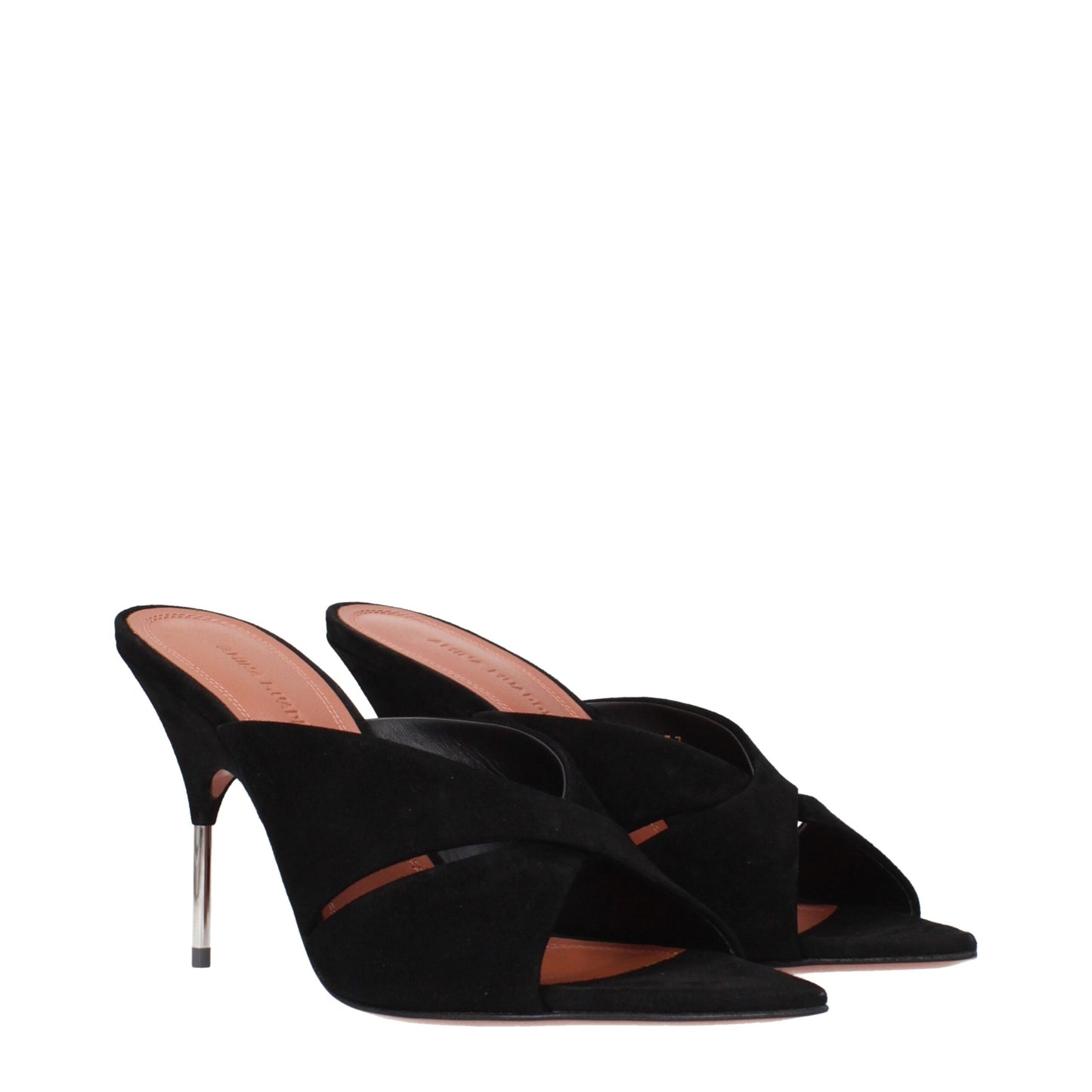 Amina Muaddi Black Leather Stiletto Heels Sandals