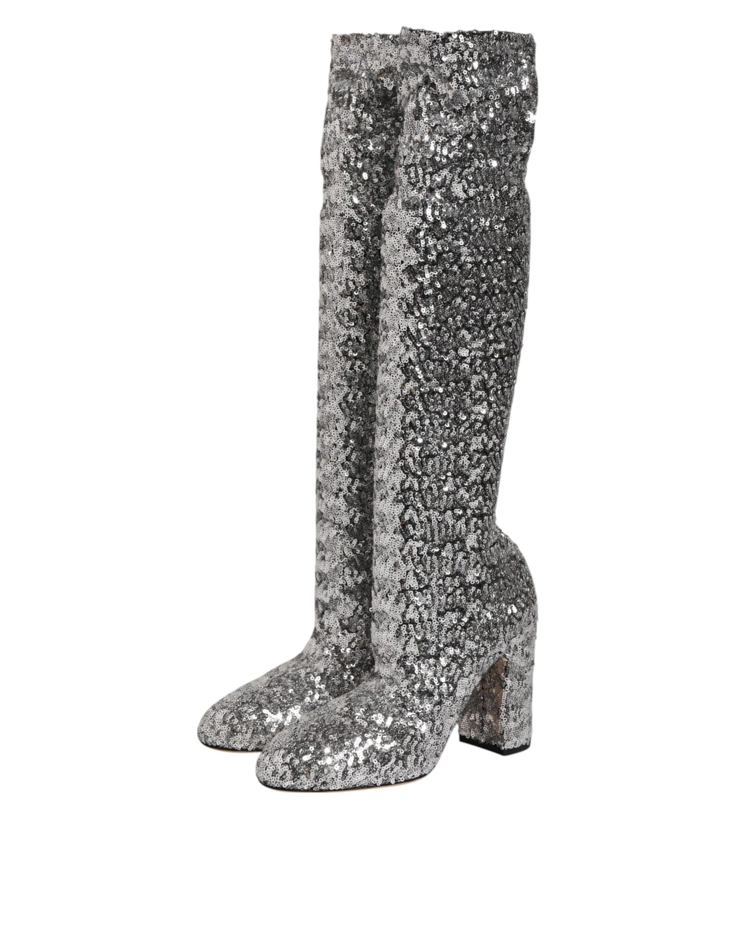 Dolce & Gabbana Silver Sequins Glitter High Heel Boot Shoes