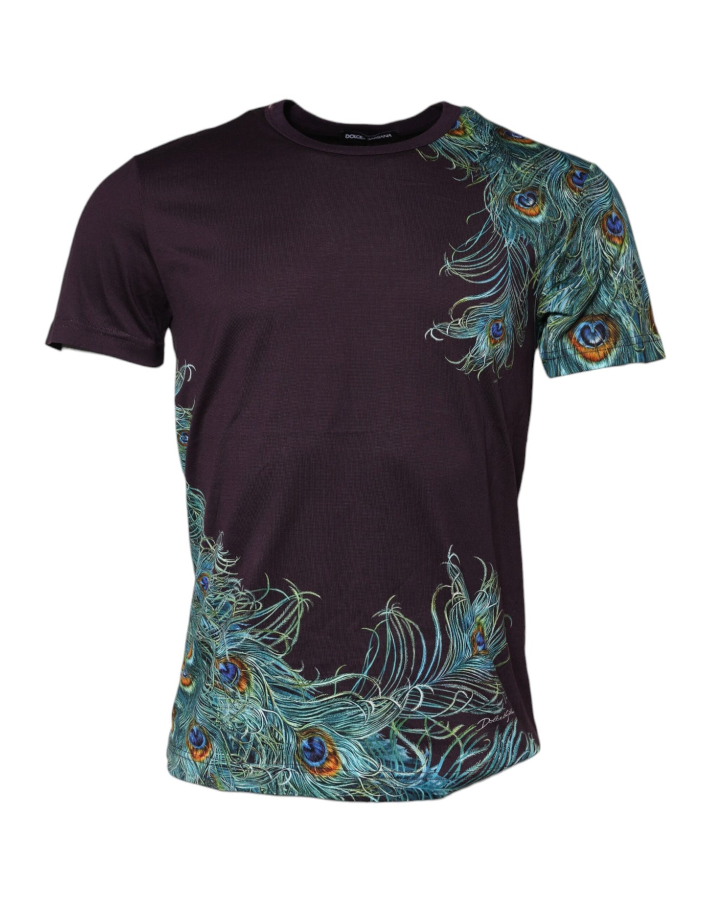 Dolce & Gabbana Violet Peacock Feather Men Crew Neck T-Shirt