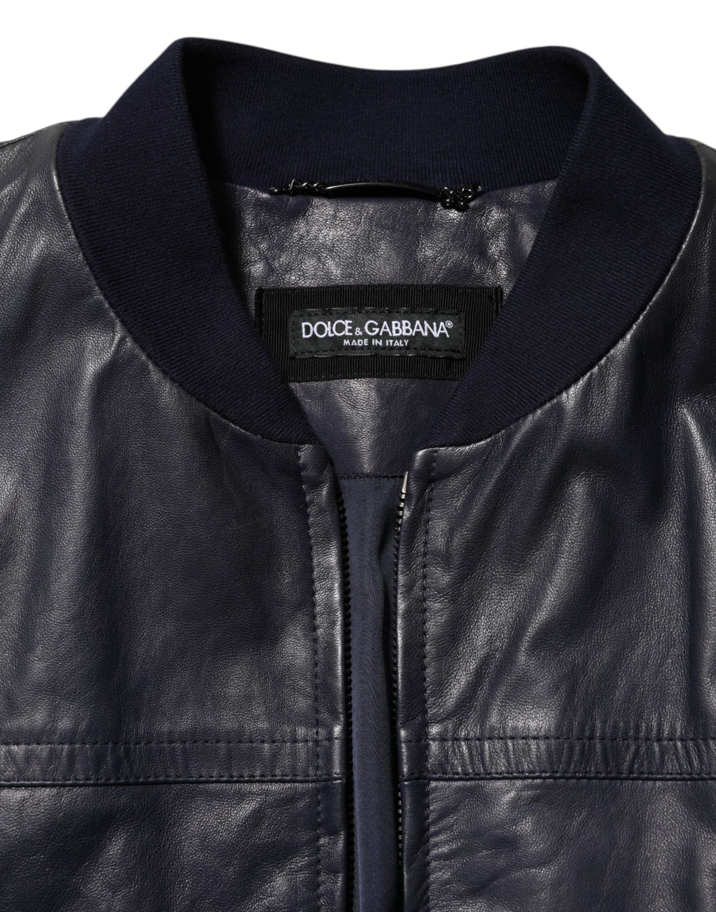 Dolce & Gabbana Blue Leather Full Zip Biker Blouson Jacket