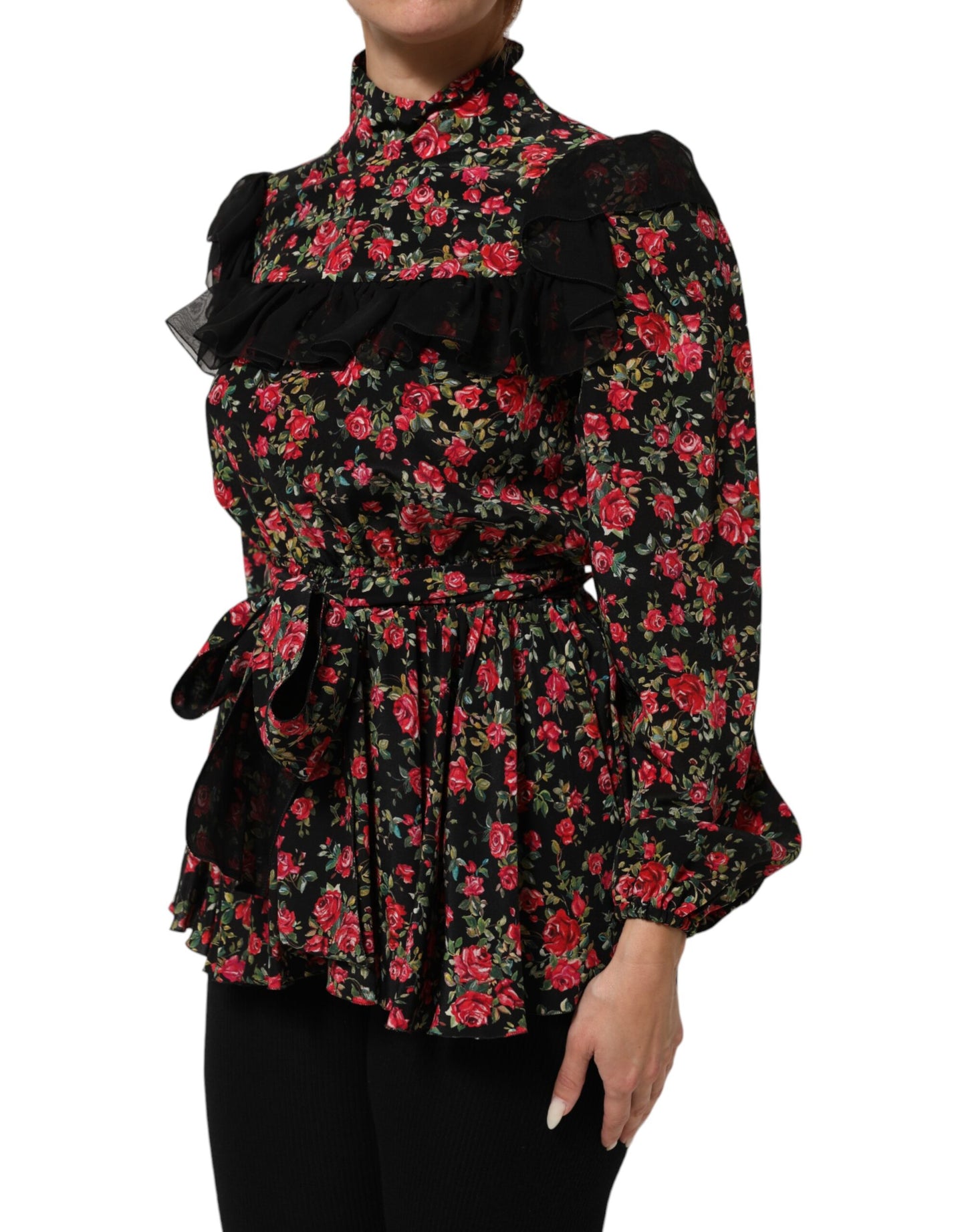 Dolce & Gabbana Black Floral Print Long Sleeve Blouse Top