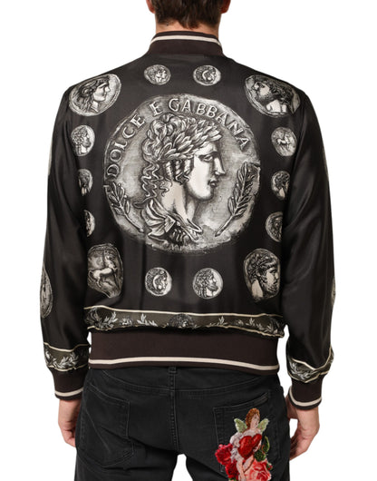 Dolce & Gabbana Black "Monete" Coin Print Silk Bomber Jacket