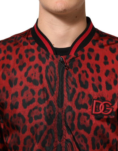 Dolce & Gabbana Red Leopard Print Full Zip Bomber Men Jacket