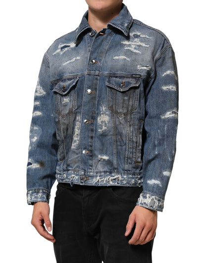 Dolce & Gabbana Blue Cotton Tattered Denim Blouson Jacket