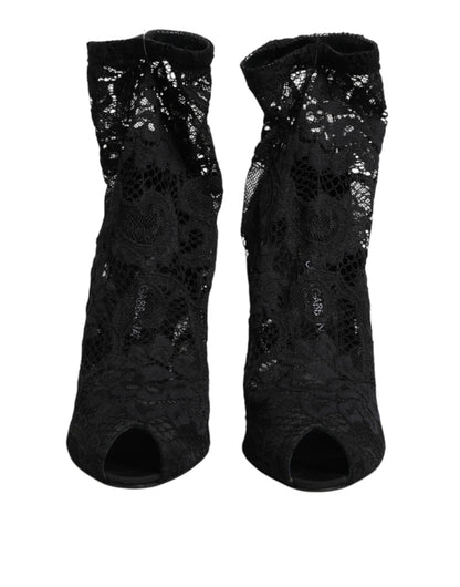 Dolce & Gabbana Black Stretch Taormina Lace Boots Shoes