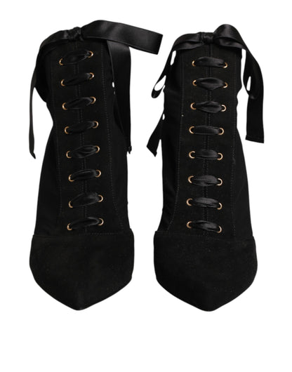 Dolce & Gabbana Black Stiletto Heels Lace Up Boots Shoes