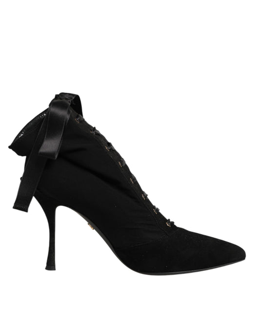 Dolce & Gabbana Black Stiletto Heels Lace Up Boots Shoes
