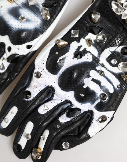 Dolce &amp; Gabbana Handschuhe, schwarz-weiße Kristalle, handgelenklange Fäustlinge