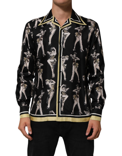 Dolce & Gabbana Black Silk Pin Up Printed Button Down Shirt