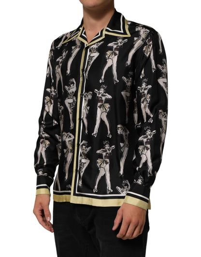 Dolce & Gabbana Black Silk Pin Up Printed Button Down Shirt