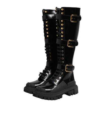 Dolce & Gabbana Black Buckle Embellished Knee High Boots Shoes